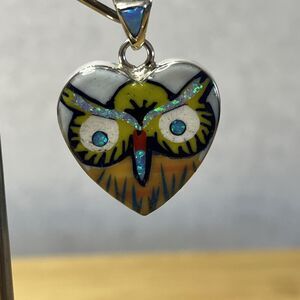 sterling silver Owl Heart pendant Native American style Multistone Inlay